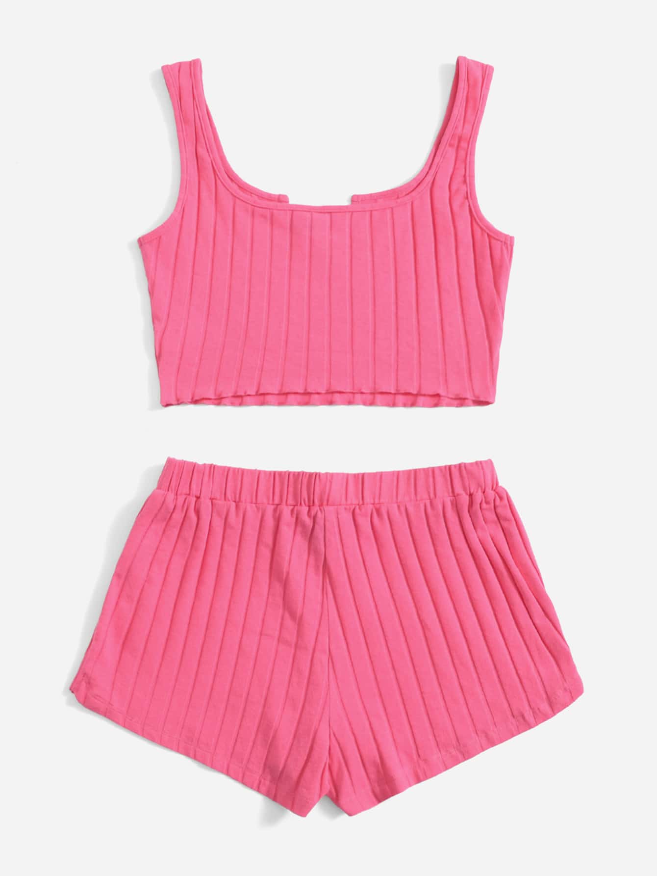 Muchica เสื้อกล้าม คอแต่งเว้า ผ้าถักริบ และ กางเกงขาสั้น - สีชมพู - ดู 2