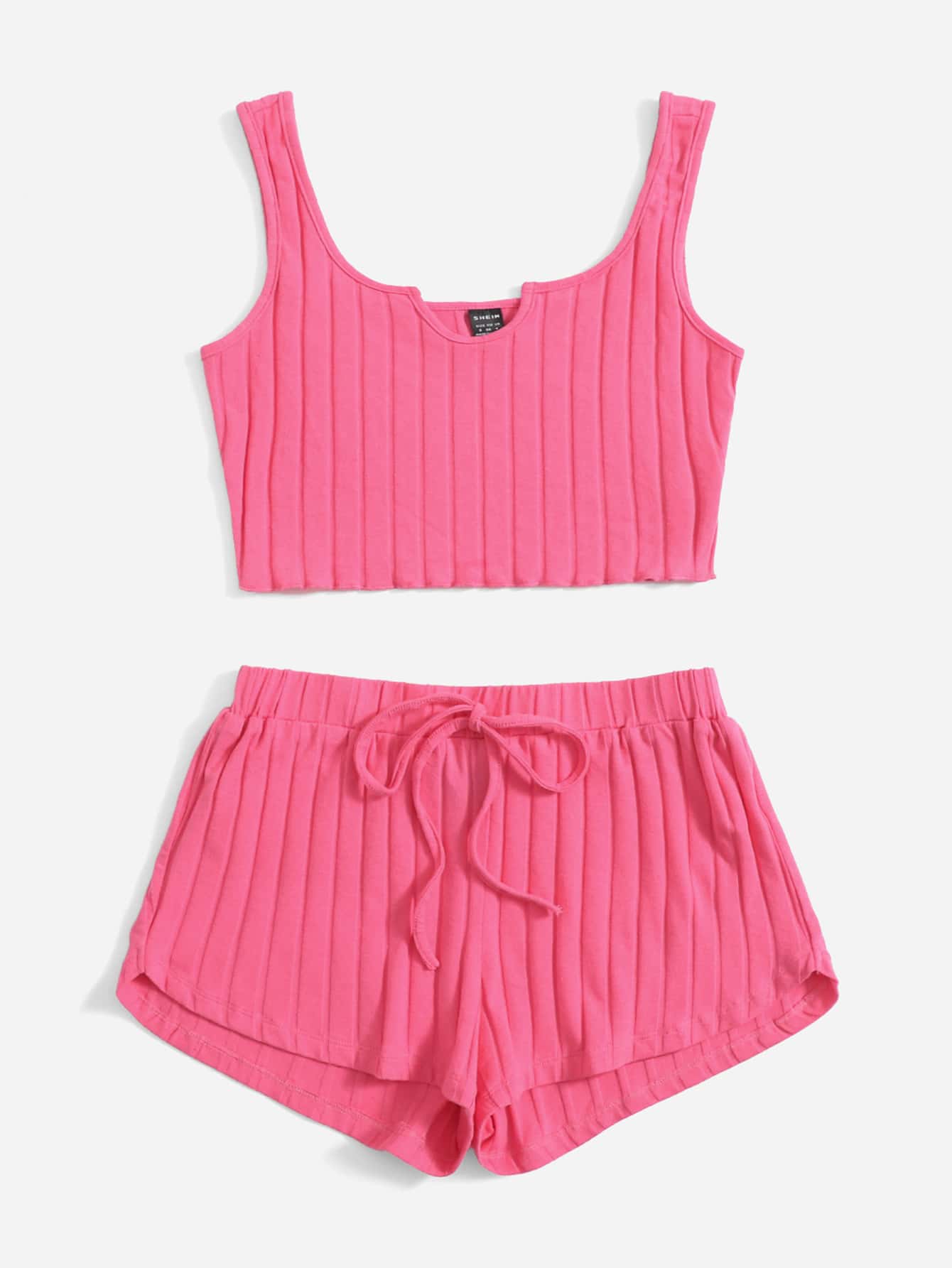 Muchica เสื้อกล้าม คอแต่งเว้า ผ้าถักริบ และ กางเกงขาสั้น - สีชมพู - ดู 3