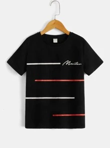 SHEIN Summer Casual Knit Short Sleeve Round Neck Tween Boys' Striped And Letter Printed T-Shirt - Black - View 1