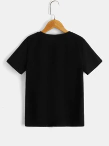 SHEIN Summer Casual Knit Short Sleeve Round Neck Tween Boys' Striped And Letter Printed T-Shirt - Black - View 2