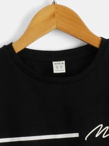 SHEIN Summer Casual Knit Short Sleeve Round Neck Tween Boys' Striped And Letter Printed T-Shirt - Black - View 3