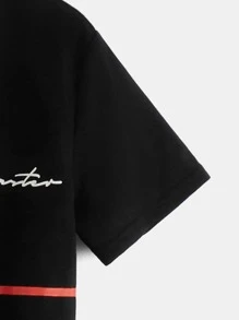 SHEIN Summer Casual Knit Short Sleeve Round Neck Tween Boys' Striped And Letter Printed T-Shirt - Black - View 4