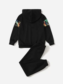 SHEIN Leap Crew Boys Reflective Splash Print Hooded Neck Sweatshirt & Joggers - Black - View 3