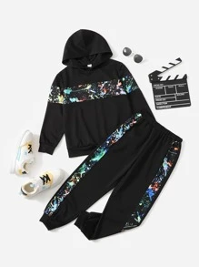 SHEIN Leap Crew Boys Reflective Splash Print Hooded Neck Sweatshirt & Joggers - Black - View 2