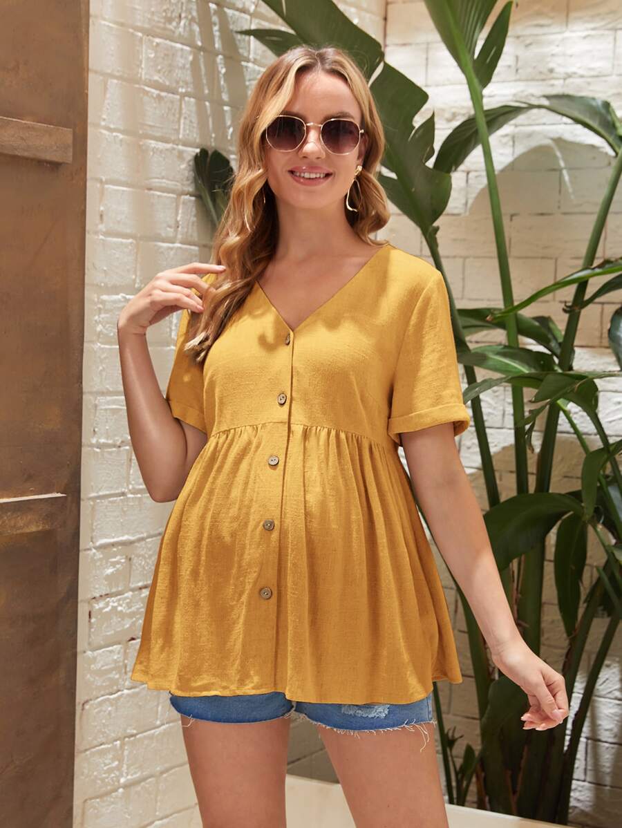 SHEIN Maternity Buttoned Front Peplum Blouse - Yellow - View 1
