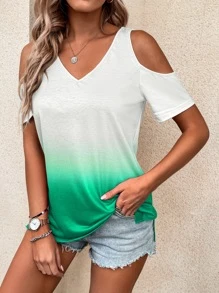 SHEIN LUNE Ombre Cold Shoulder Slit Hem Tee - Multicolor - View 6