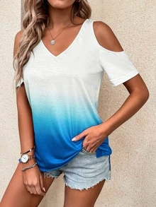 SHEIN Unity Camiseta gráfica para mujer con abertura en hombro y bajo con efecto degradado - Azul y blanco - Ver 6