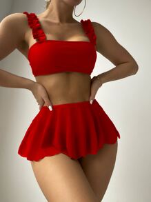 SHEIN Swim Bộ bikini 2 mảnh màu trơn gợi cảm dành cho nữ, kèm áo khoác ngoài và váy, bộ 3 mảnh, thiết kế viền xếp ly có thể tháo rời, thích hợp cho mùa hè đi biển. - Đỏ - Xem 1