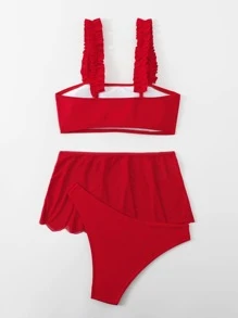 SHEIN Swim Bộ bikini 2 mảnh màu trơn gợi cảm dành cho nữ, kèm áo khoác ngoài và váy, bộ 3 mảnh, thiết kế viền xếp ly có thể tháo rời, thích hợp cho mùa hè đi biển. - Đỏ - Xem 2