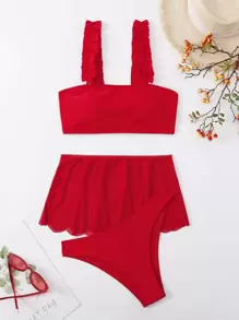 SHEIN Swim Bộ bikini 2 mảnh màu trơn gợi cảm dành cho nữ, kèm áo khoác ngoài và váy, bộ 3 mảnh, thiết kế viền xếp ly có thể tháo rời, thích hợp cho mùa hè đi biển. - Đỏ - Xem 4