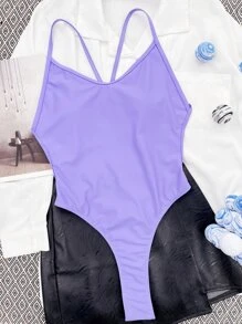 O-Ring Backless Thong One Piece Swimsuit, For Summer Beach Vacation - Violet Purple - View 6