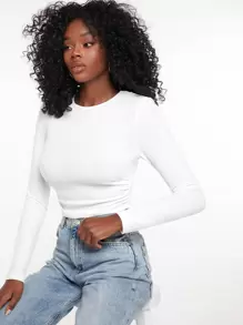 SHEIN EZwear Solid Rib-Knit Crop Tee - White - View 1