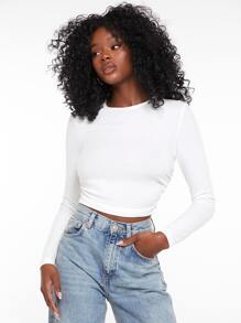 SHEIN EZwear Solid Rib-Knit Crop Tee - White - View 5