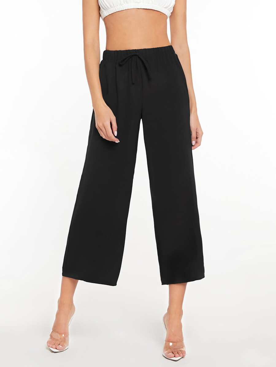 SHEIN Essnce 腰部打結闊腿褲 - 黑色 - 查看 1