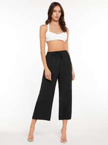 SHEIN Essnce 腰部打結闊腿褲 - 黑色 - 查看 3