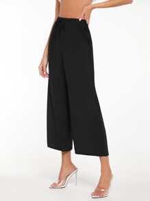 SHEIN Essnce 腰部打結闊腿褲 - 黑色 - 查看 4