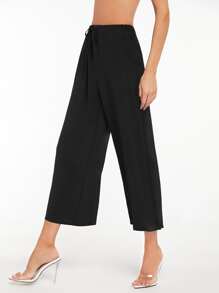 SHEIN Essnce 腰部打結闊腿褲 - 黑色 - 查看 5