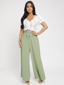 SHEIN PETITE 系帶紙袋腰長褲 - 薄荷綠 - 查看 3