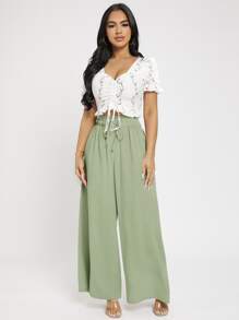 SHEIN PETITE 系帶紙袋腰長褲 - 薄荷綠 - 查看 4