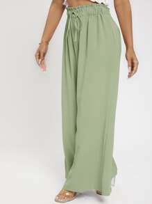 SHEIN PETITE 系帶紙袋腰長褲 - 薄荷綠 - 查看 5