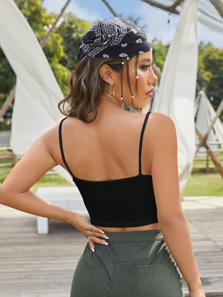 SHEIN PETITE Lace Up Front Cami Top - Black - View 2