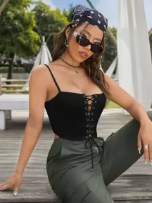 SHEIN PETITE Lace Up Front Cami Top - Black - View 3