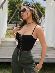 SHEIN PETITE Lace Up Front Cami Top - Black - View 4