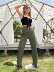 SHEIN PETITE Lace Up Front Cami Top - Black - View 5