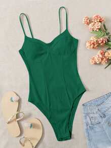 SHEIN EZwear Solid Bustier Rib-knit Bodysuit - Dark Green - View 6