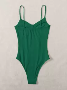 SHEIN EZwear Solid Bustier Rib-knit Bodysuit - Dark Green - View 2