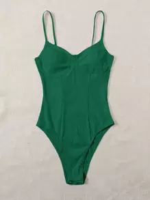 SHEIN EZwear Solid Bustier Rib-knit Bodysuit - Dark Green - View 4