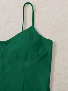 SHEIN EZwear Solid Bustier Rib-knit Bodysuit - Dark Green - View 3