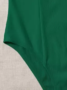 SHEIN EZwear Solid Bustier Rib-knit Bodysuit - Dark Green - View 5