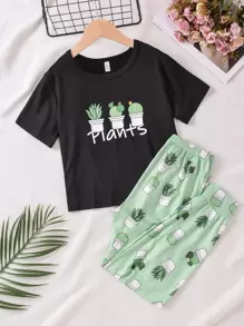 Girls Plants & Letter Graphic PJ Set - Multicolor - View 1