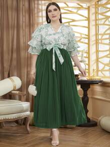 Modelyn Plus Size Embroidered Floral Pleated Dress - Multicolor - View 4