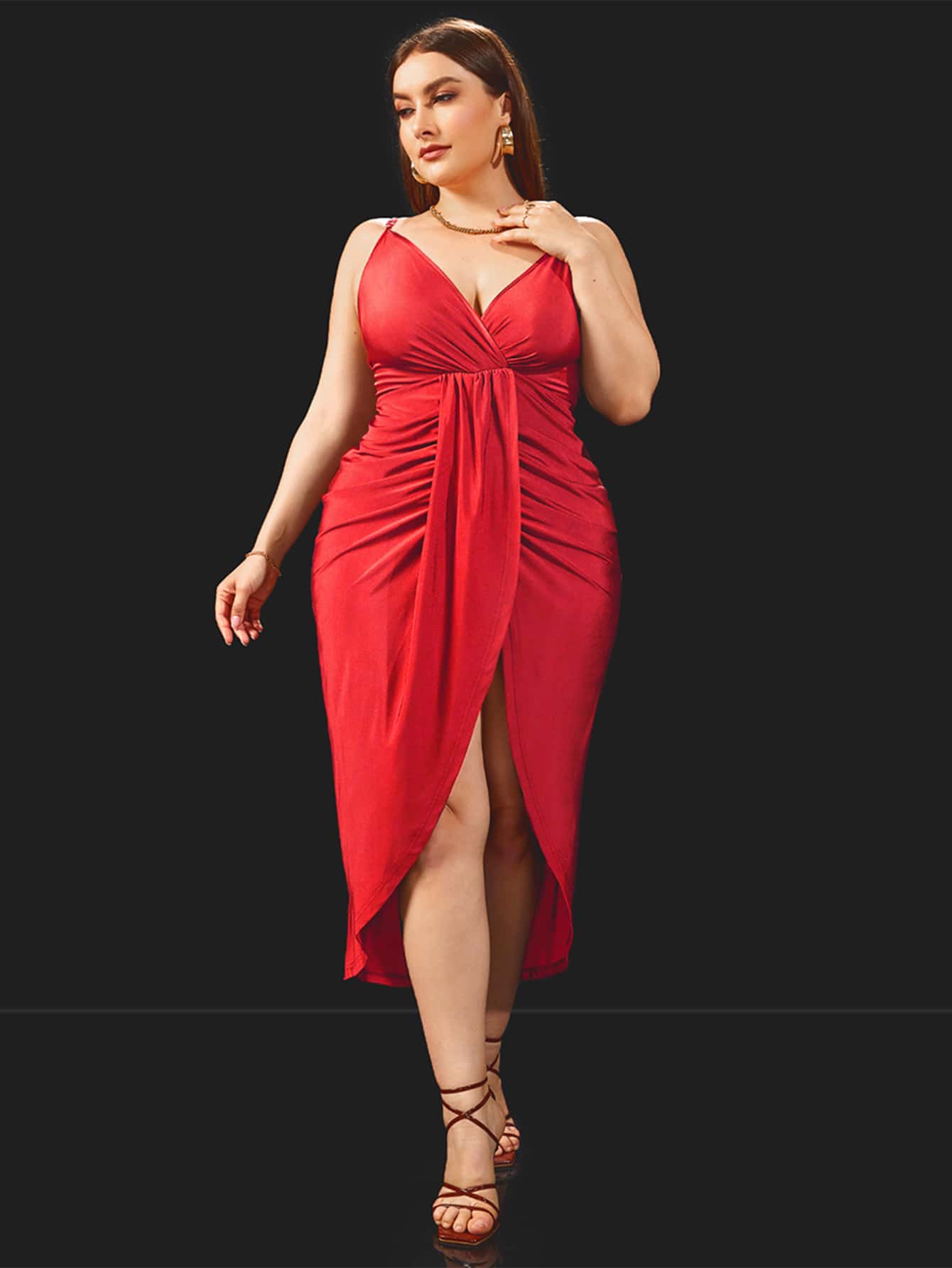 SHEIN Privé Plus Ruched Wrap Asymmetrical Hem Cami Dress - Red - View 1