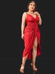 SHEIN Privé Plus Ruched Wrap Asymmetrical Hem Cami Dress - Red - View 5