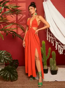 Travachic Vestido con espalda descubierta, abertura en la falda y diseño de cruce con anillos conectados - Naranja Quemada - Ver 6