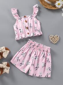 SHEIN 小女童條紋圖案和印花荷葉擺吊帶上衣和短褲 - 淺粉色 - 查看 1