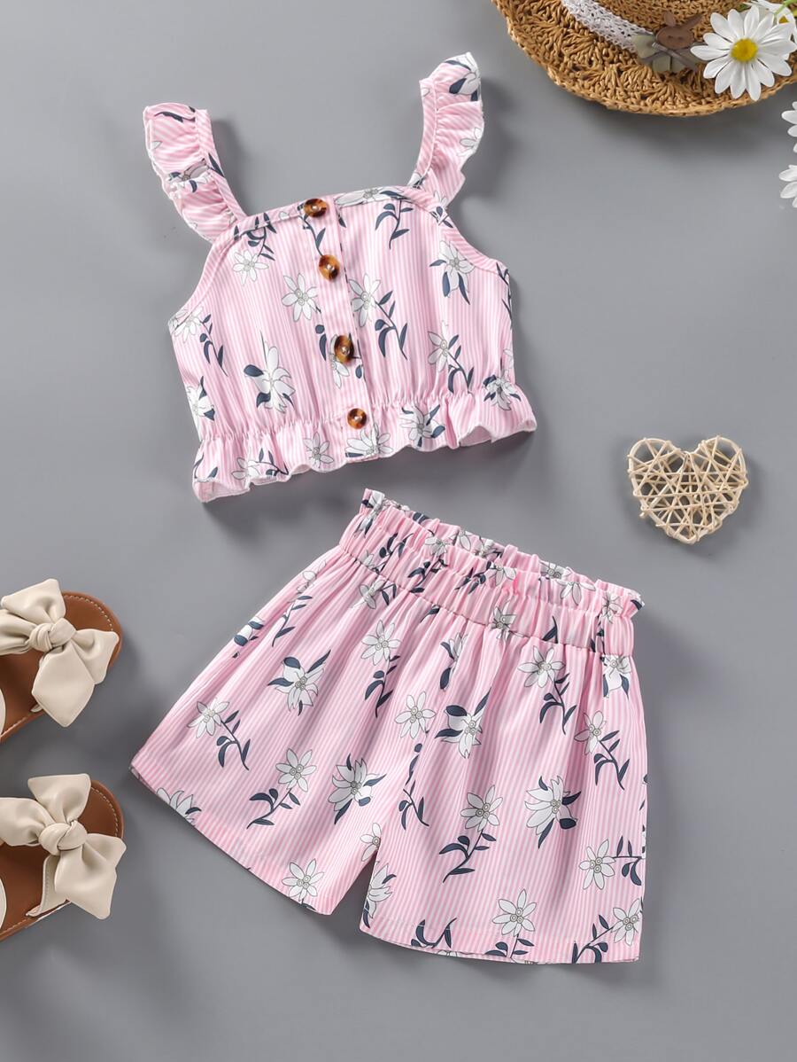 SHEIN 小女童條紋圖案和印花荷葉擺吊帶上衣和短褲 - 淺粉色 - 查看 1