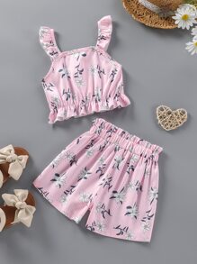 SHEIN 小女童條紋圖案和印花荷葉擺吊帶上衣和短褲 - 淺粉色 - 查看 2