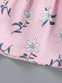 SHEIN 小女童條紋圖案和印花荷葉擺吊帶上衣和短褲 - 淺粉色 - 查看 4