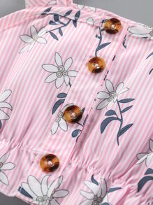 SHEIN 小女童條紋圖案和印花荷葉擺吊帶上衣和短褲 - 淺粉色 - 查看 5