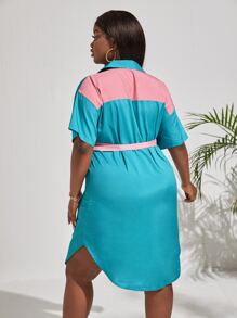 Slaydiva 大碼雙色1/4拉鍊落肩袖繫腰帶洋裝 - 彩色 - 查看 2