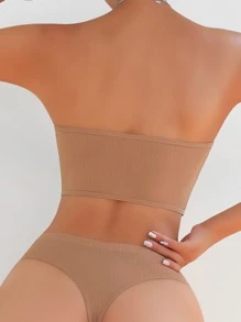 Ribbed Knit Bandeau Lingerie Set - Camel - View 2