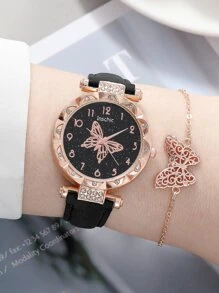 inschic 1入組蝴蝶圖案錶盤圓形指針石英手錶和1入組手環 - 黑色 - 查看 1