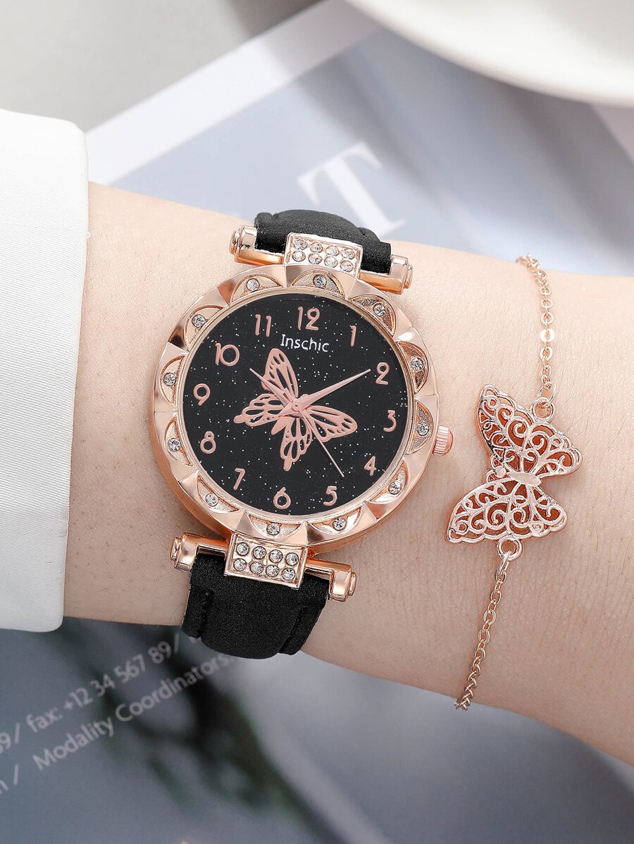 inschic 1入組蝴蝶圖案錶盤圓形指針石英手錶和1入組手環 - 黑色 - 查看 1