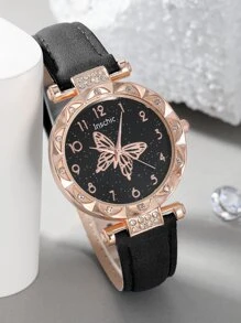 inschic 1入組蝴蝶圖案錶盤圓形指針石英手錶和1入組手環 - 黑色 - 查看 2