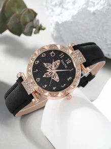 inschic 1入組蝴蝶圖案錶盤圓形指針石英手錶和1入組手環 - 黑色 - 查看 4