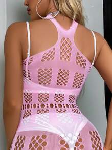 Classic Sexy 網紗鏤空吊脖緊身洋裝不附襯裏 - 粉色 - 查看 2
